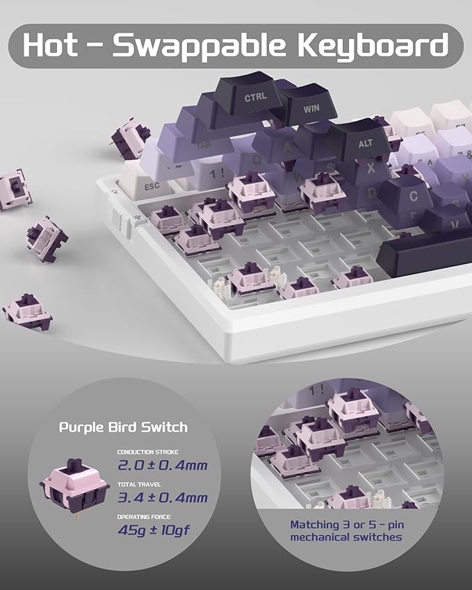 MageGee SKY98 Mechanical Gaming Keyboard 96% Hot Swappable Wired Custom Creamy Keyboards w/ 5-Layer Sound Dampening RGB Backlit Side Printed Keycaps for Win/Mac (White &amp Purple Purple Bird Swi