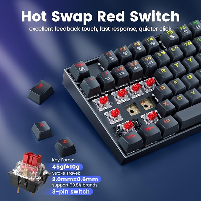 Redragon Wireless Gaming Keyboard BT/2.4Ghz Tri-Mode Mechanical Keyboard buit-in Battery Programmable 87 Keys TKL LED Rainbow Backlit - K552-KRS
