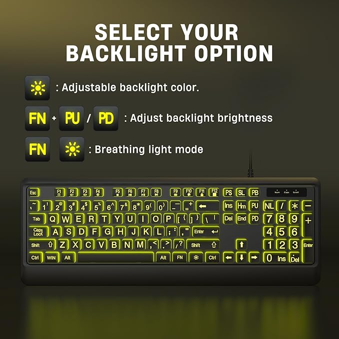 Large Print Backlit Computer Keyboards 7 Colors Backlight USB Keyboard Plug-and-Play Foldable Stands Corded Full Size Keyboard for Windows PC Laptop (Black Large)