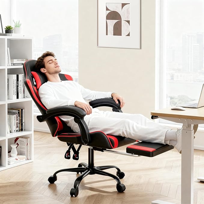 MoNiBloom Gaming Chair with Footrest High Back Video Game Chair with Headrest &amp Lumbar Support Height Adjustable Leather Swivel Computer Chair for Adult Teen Office or Gaming Red