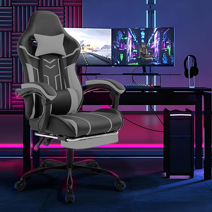 Ergonomic Gaming Chair with Footrest Black Gaming Chair for Adults Girls Women Video Game Chairs with Wheels &amp Lumbar Support 300 LBS Capacity (Black+Gray)