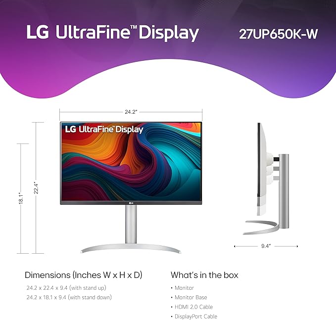 LG 27UP650K-W 27-inch Ultrafine 4K UHD (3840 x 2160) IPS Computer Monitor 60Hz 5ms DisplayHDR 400 Reader Mode Flicker Safe HDMI DisplayPort Tilt/Height/Pivot Adjustable Stand White