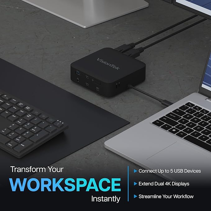 VisionTek VT1200DL USB-C Docking Station Dual 4K – 2X HDMI 2X DisplayPort 100W Power Passthrough Universal Laptop Dock for Windows MacBook Chromebook