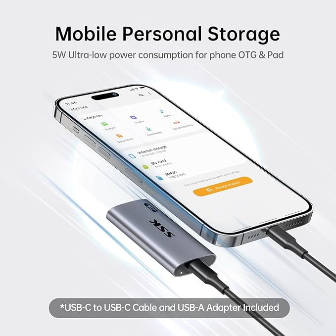 SSK 2TB SSD External Hard Drive Portable SSD Up to 550MB/s Fast Solid State Drives External Drive USB 3.2 Gen2 SSD for iPhone 15/Pro Windows Mac Android with LED Light Trim SMART Supported