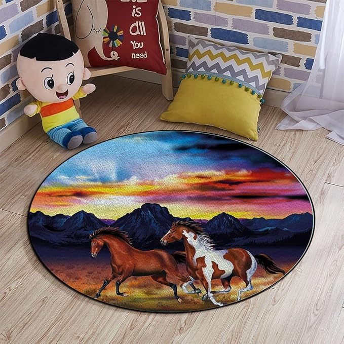MulticolorRound Office Chair Mats Home Rolling Gaming Chair Mat Running Wild Horses at Sunset Rustic Landscape Round Chair Cushion for Office and Home Decoration Chair Cushion Diameter 43.3 in