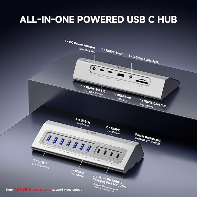 Gitfos Powered USB Hub18 in 1 USB C Hub with 4K HDMIPD 100W45W Charging10Gbps DataSD/TFAudio65W Power Adapter &amp 3.3FT CableAluminumSmart Button USB Hub for LaptopMacBookiPhone 17/16iP