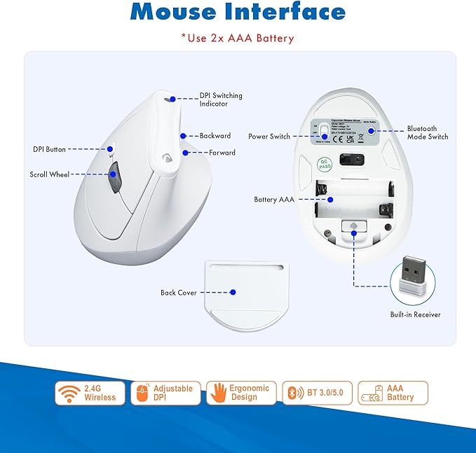 J-Tech Digital Wireless Mouse Vertical Ergonomic Mouse with 2.4G Wireless &amp Bluetooth for 3 Multi-Device Function Adjustable DPI Modes Compatible with PC Mac Laptop - White