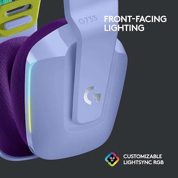 Logitech G733 Lightspeed Wireless Gaming Headset with Suspension Headband LIGHTSYNC RGB Blue VO!CE mic Technology and PRO-G Audio Drivers - Lilac