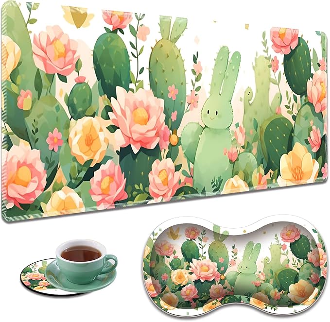 Large Gaming Mouse Pad + Mouse Wrist Rest Pad + Coaster Combination 31.5 x 11.8 Durable Non-Slip Extension Table Mat Suitable for Office and Home Cactus