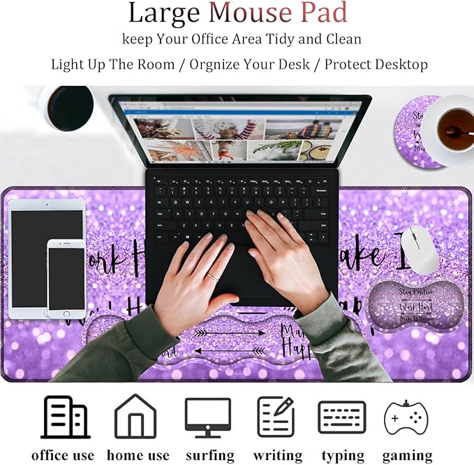 Large Gaming Mouse Pad + Keyboard Wrist Support + Mouse Wrist Rest + Coaster Table Pad with Stitched Edge Memory Foam Ergonomic Wrist Pad Set Purple Flashing Background Bible