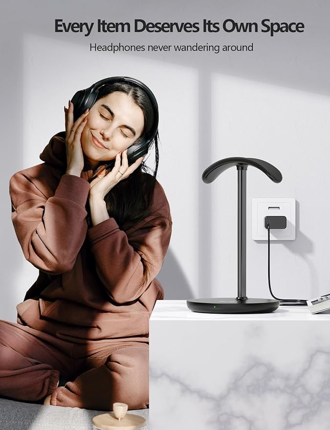 Miroddi Headphone Stand with Wireless Charger Independent USB Charging Port 5 in 1 Charging Station Headset Holder Rack for AirPods Max/Pro/4/3/2 iWatch iPhone Samsung and Desk Headphones Black