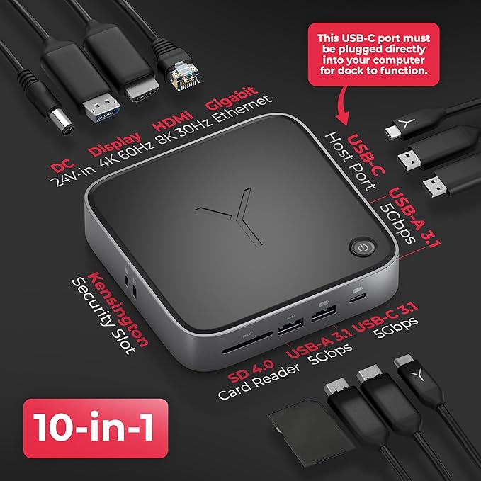 Brydge Stone CORE Powered Charging Docking Station – 10 Ports 100W PD Dual Monitor Docking Station 4K60Hz 8K HDMI SD 4.0 USB-A &amp USB-C Ethernet – Windows &amp MacOS Compatible Laptop