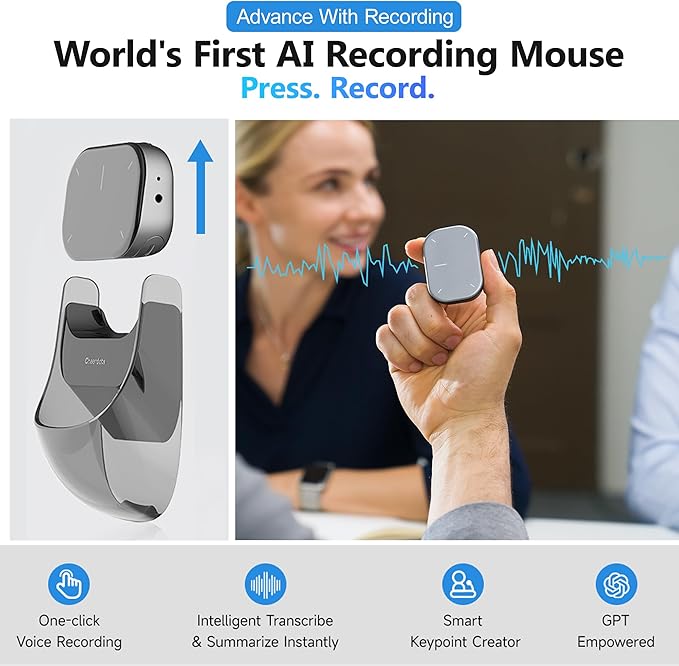 2026 Upgraded AI Voice Mouse - Wireless Air Mouse with AI Voice Assistant12 Languages Translation Meeting Transcription &amp Summary - Detachable Computer Mouse (Silver)