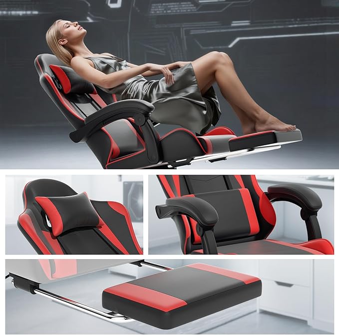 Athena Collection Ergonomic Gaming Chair with Footrest &amp Headrest Lumbar Support Height Adjustable Swivel Office Chair Reclining Game Chair Leather High Back Computer Chair for Adults Kids Red