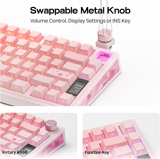 EPOMAKER TH80 V2 PRO Wireless Gaming Keyboard with Screen&ampKnob 10000mAh 2.4Ghz/BT/USB-C RGB Hot Swap Custom Driver NKRO PBT Keycap Mechanical Keyboard for PC/Mac (Pink Creamy Jade)