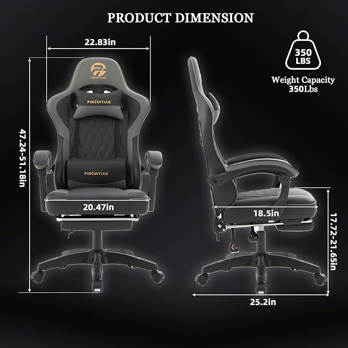 Ergonomic Gaming Chair with Footrest and Lumbar Support High Back Reclining PU Leather Computer Chair with Headrest and Linkage Armrests Swivel Height Adjustable Office Gamer Chair for Adults (Gray)