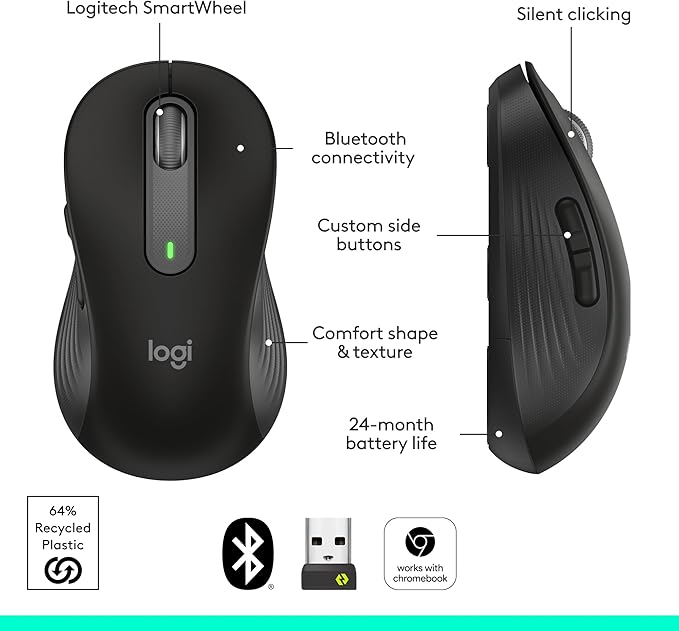 Logitech Signature M650 Wireless Mouse - for Small to Medium Sized Hands 2-Year Battery Silent Clicks Customizable Side Buttons Bluetooth Multi-Device Compatibility - Black (Renewed)