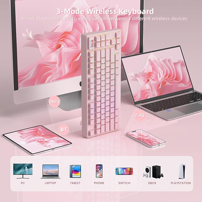 Womier 75% Pink Keyboard Wireless with Color Multimedia Screen Creamy Mechanical Gaming Keyboard 3-Modes Hot Swappable Cute Key Board w/Wrist Rest Gasket RGB Custom for Mac/Win (SK80 PRO)