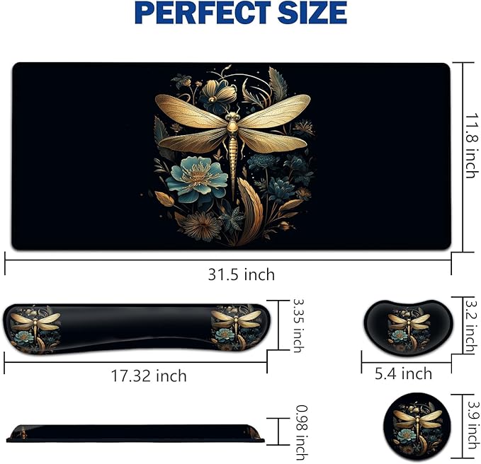 Large Mouse Pad + Keyboard Wrist Rest Set Extended Gaming Mousepad (31.5X11.8 inch) with Non-Slip Rubber Ergonomics Memory Foam Mouse Wrist Rest Support Golden Dragonfly and Flowers XXL Desk Pad