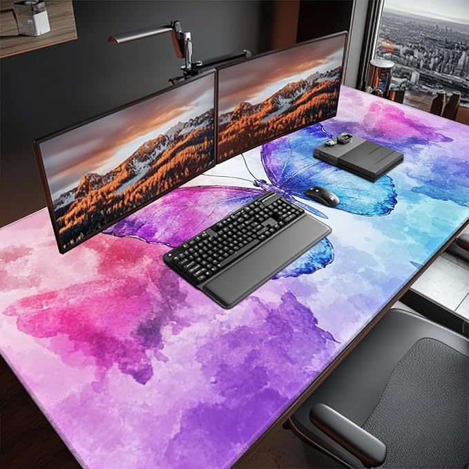 Extra Large Butterfly Mouse Pad 48x24 Inch – 3XL Huge Waterproof Desk Mat with Non-Slip Rubber Base &amp Stitched Edges Full Coverage Mousepad Keyboard Mat for Work Game Office(Purple XXXXL)