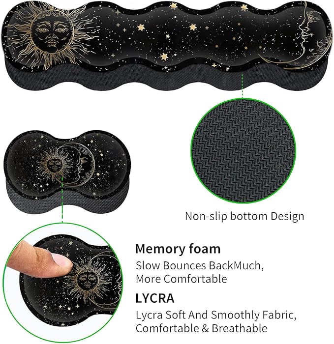 JVGFYNKL Extended Large Mouse Pad+Keyboard Wrist Rest Support  Ergonomic Memory Foam Wrist Rest Easy Typing 4Pcs Desk Pad Set for Home Office Sun Moon Star Pattern XXL Gaming Black Desk Mat