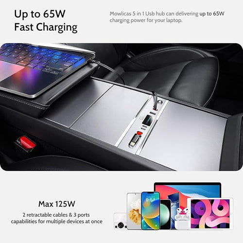125W Max Retractable USB Hub Tesla New Model Y Juniper (2026/2025) Accessories Super Fast Charger Up 65W for MacBook Pro/Air/iPhone 16/15/Samsung Series 5 in 1 Docking Station