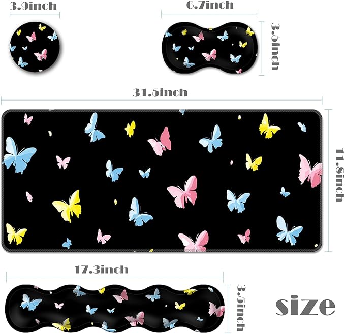 Ergonomic Keyboard Wrist Rest &amp Mouse Pad Wrist Rest SetXL Gaming Desk Mat 31.5x 11.8Non-Slip BaseMemory FoamEasy Typing Pain Relief for Office &amp HomeColorful Butterflies