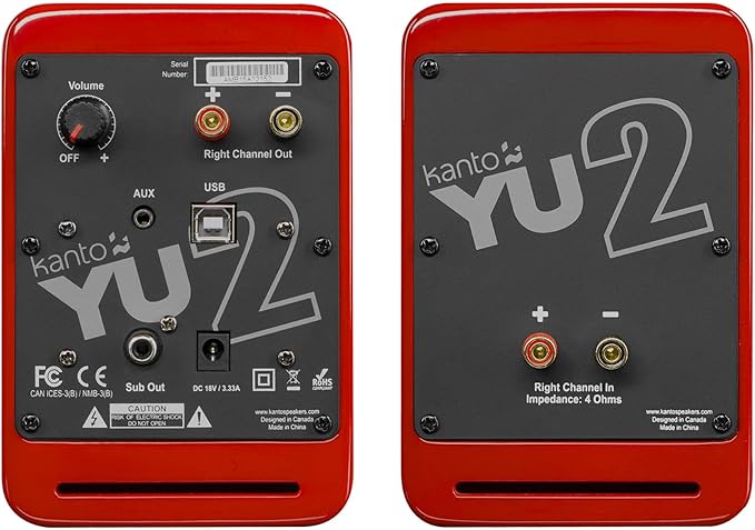 Kanto YU2GR PC Gaming Desktop Speakers | 3 Composite Drivers | 3/4 Silk Dome Tweeter | Class D Amplifier | 100 Watts | Built-in USB DAC | Subwoofer Output | Pair | Gloss Red