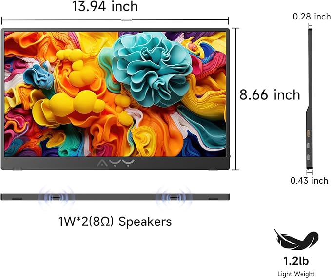 AYY 15.6 Inch Portable Monitor 1080P FHD USB-C HDMI External Display for Laptop Phone MAC PS5 Switch Xbox Ultra-Slim 100% sRGB Portable Second Screen with Dual Speakers &amp Smart Cover IPS Black