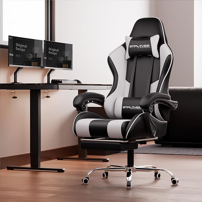 GTPLAYER Gaming Chair Computer Chair with Footrest and Lumbar Support Height Adjustable Game Chair with 360°-Swivel Seat and Headrest and for Office or Gaming (White)