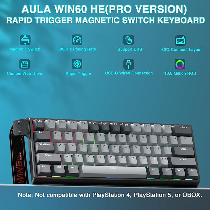 AULA WIN60 HE PRO 60% Mechanical Gaming Keyboard Wired Magnetic Switch Hot Swappable Adjustable Actuation Rapid Trigger Mode 8000Hz Polling Rate RGB Small Keyboard 60 Percent Compact Design for PC