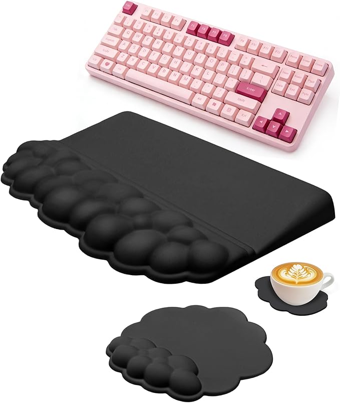 Cloud Wrist Rest Set for Keyboard and Mouse Ergonomic Memory Foam Wrist Support &amp Adjustable Keyboard Stand with Two Typing Angles Silky Lycra Surface Non-Slip Base (Black)