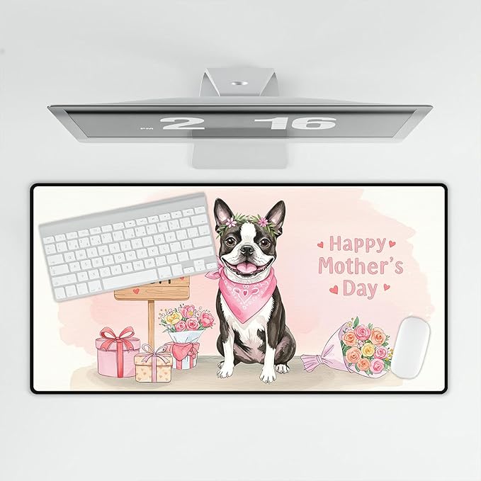 Happy Mother's Day Boston Terrier Love Dog Mom Heart Flower Desk Mat Full Keyboard Mouse Pad Gentleman Dog Lover Gifts Large Mousepad 12004
