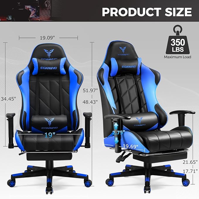 Gaming Chair Big and Tall Video Game Chair with High Back PU Leather Home Office Ergonomic Computer Chair with Footrest Adjustable Height 360° Swivel Wheels for Adults and Teens
