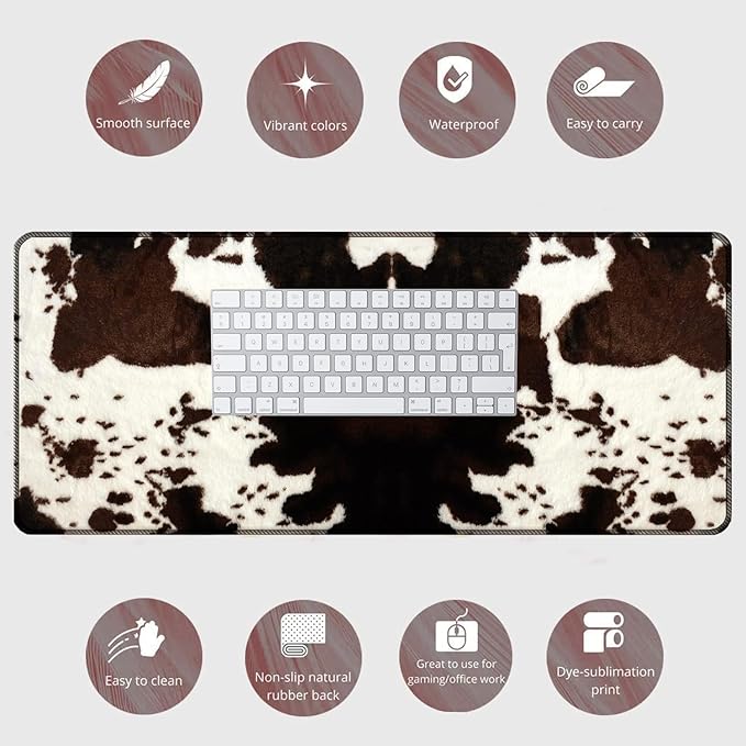 Large Gaming Mouse Pad + Mouse Wrist Rest Pad + Coaster Combination 31.5 x 11.8 Durable Non-Slip Extension Table Mat Suitable for Office and Home Cow Hide Print