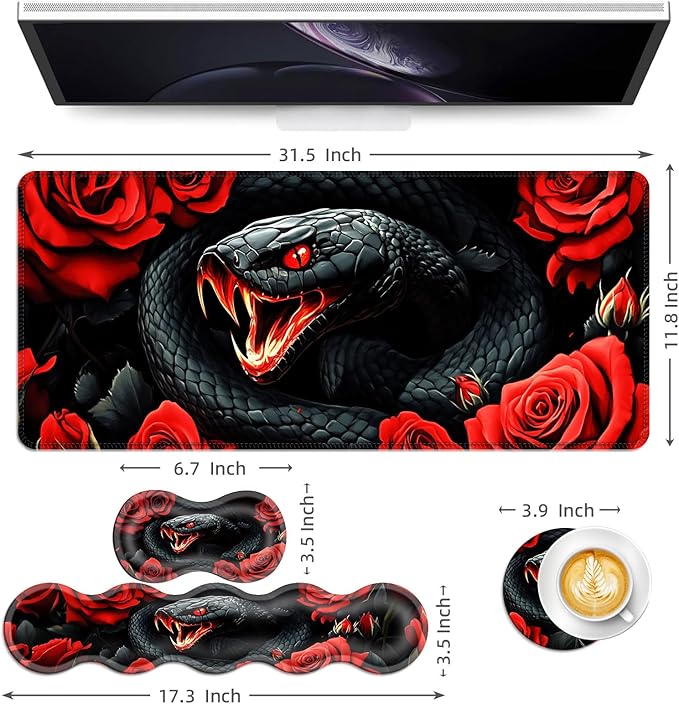 Keyboard Mouse Pad Set Extended Gaming Mouse Pad+Ergonomics Keyboard Wrist Rest Support Memory Foam Easy Typing Pain Relief 4Pcs XL Ultra Thick Desk MatSnake Roses and Fiery Mouth