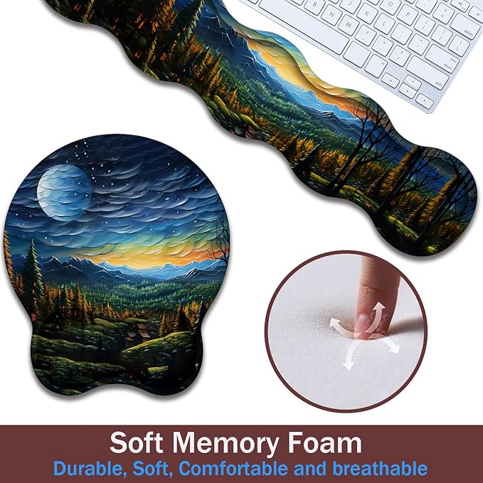 Keyboard Wrist Rest and Mouse Pad Wrist Support with Lace-Shaped Coaster Set Ergonomic Gel Memory Foam and Anti-Slip Base Easy Typing and Pain Relief - Art Moon Starry Night