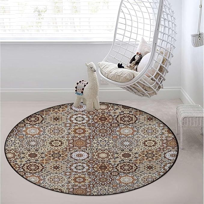 Beige Dark Brown Pale Brown Round Chair Mat Floor Protector Non-Slip Floor Low Pile Desk Chair Mat Rolling Chair and Computer Desk Carpet Mat Retro Old Fashioned Tile Diameter 35.4 in
