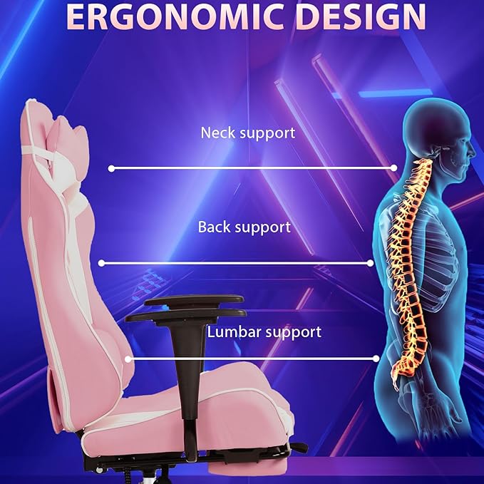 PayLessHere Racing Gaming Chair Office Massage Chair Ergonomic Recliner with Computer Desk PU Leather Lumbar Support Footrest Rolling Swivel and Task Function Ultimate Comfort for Adults (Pink)