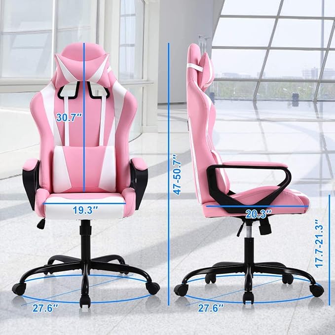 Gaming Chair 188 P Modern Pink Ergonomic High Back PC Computer Gaming Chair with Lumbar Support Adjustable Height 360 Swivel Executive Style PU Leather 300 lb Capacity