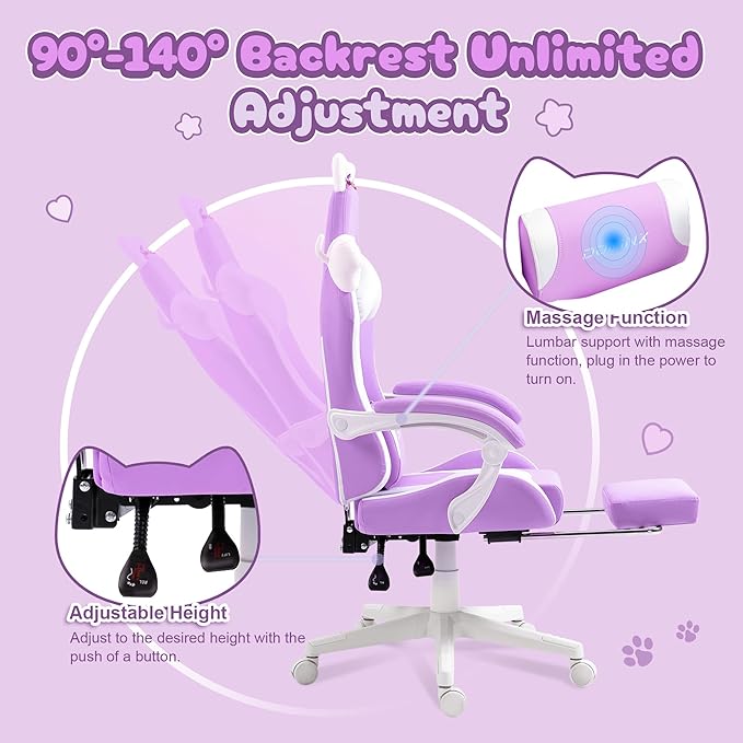 Dowinx Gaming Chair Cute with Cat Ears and Massage Lumbar Support Ergonomic Computer Chair for Girl with Footrest and Headrest Comfortable Reclining Game Chair 290lbs for Adult Teen Purple
