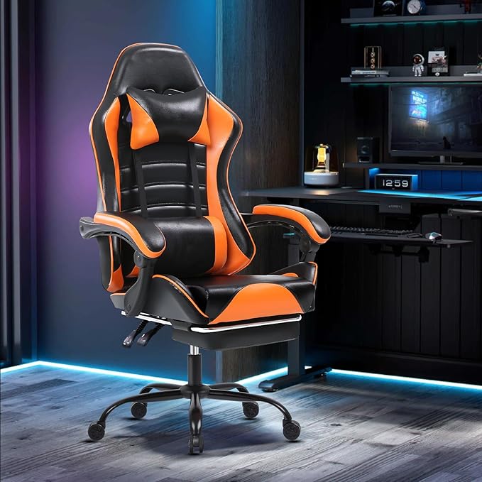 Gaming Chair Computer Chair with Footrest and Lumbar Support Ergonomic Video Game Chair with Headrest and 360°-Swivel Seat Height Adjustable Gamer Chair Office Desk Chair (Orange)