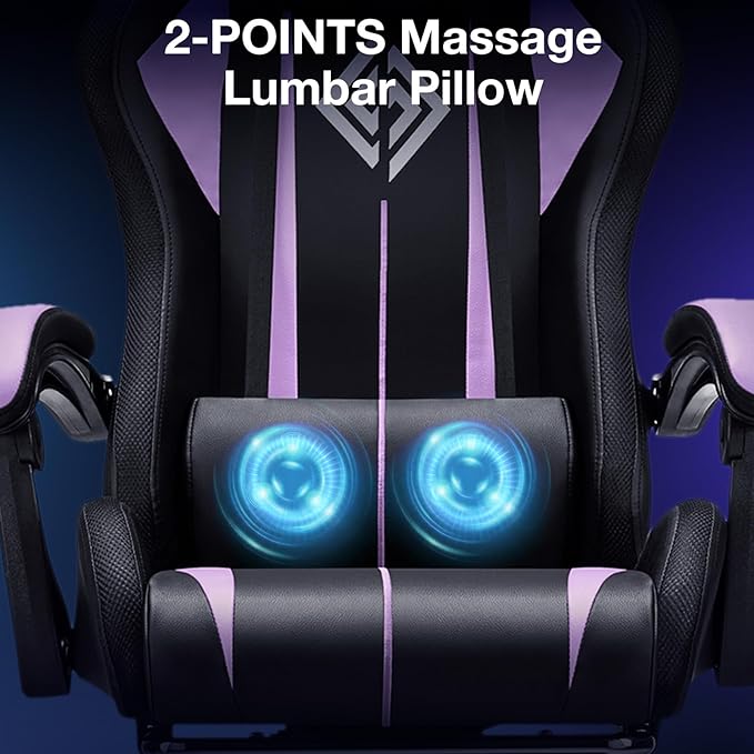 RGB Gaming Chair Massage with LED Lights Ergonomic Computer Gaming Chair with Footrest High Back Video Game Chairs with Adjustable Lumbar Support Purple and Black