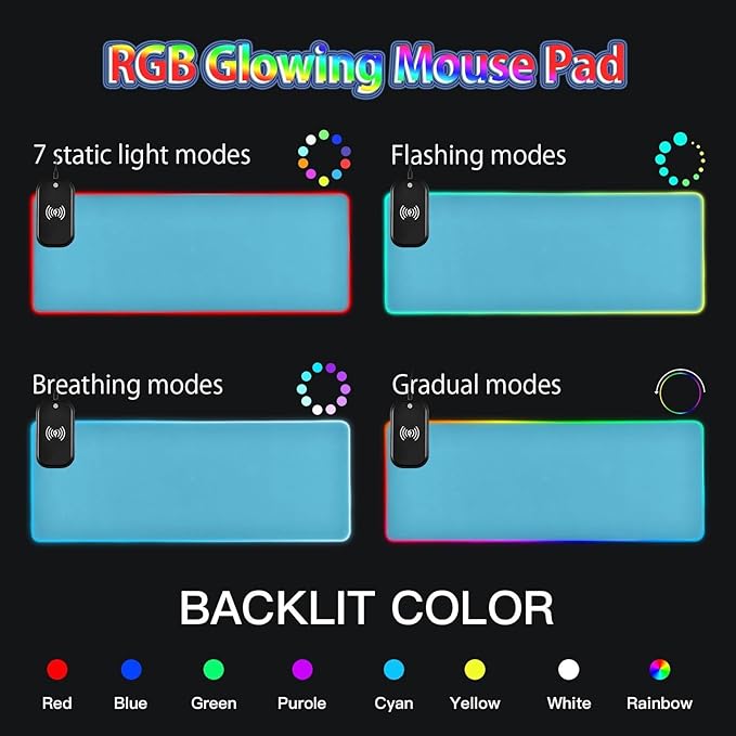 Blue Light Mouse Pad Gaming Mousepad Non Slip Desk Mat Wireless Charging Computer Mouse Pads RGB Keyboard Pad Mats for Desktop Office Home 35.4 x 15.7 in