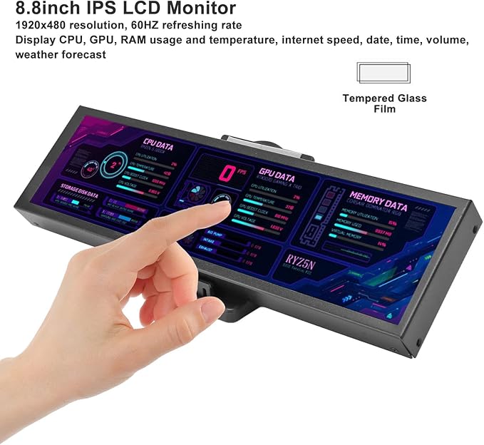 Sanpyl Computer Temp Monitor 8.8 Inch USB C Mini Screen PC Temperature Display CPU GPU SSD Data Monitor PC Sensor Panel for Desktop Gaming (Black)