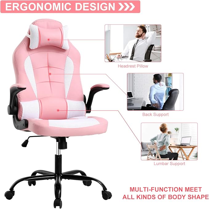 Meet perfect Pink Gaming Chair for Adults Ergonomic Computer Chair w/Flip Up Armrest and Lumbar Support Adjustable Office Gamer Chair with 360° Swivel Seat and Headrest 250lb Capacity