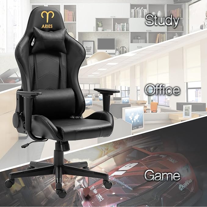 Modern-Depo Black Aries Zodiac Gaming Chair with Ergonomic Design Adjustable Swivel Recliner Load Capacity 330 lbs