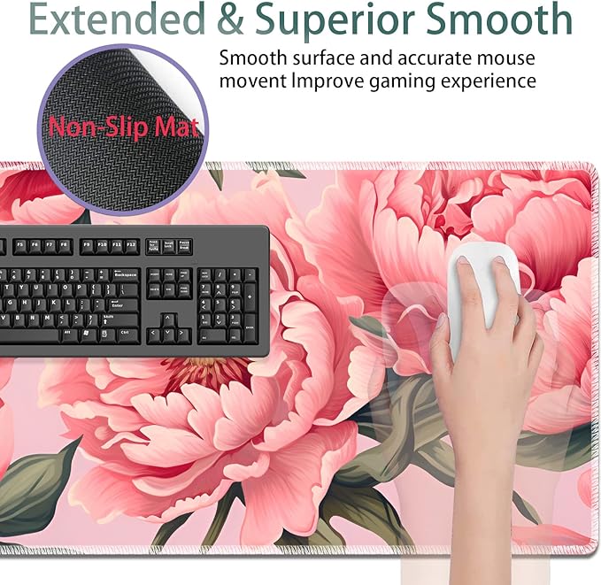 Large Gaming Mouse Pad + Keyboard Wrist Rest + Wrist Support + Coaster Set Memory Foam Ergonomic for Easy Typing XXL Extended Gaming Mouse Pad Table Pad - Art Pink Flowers