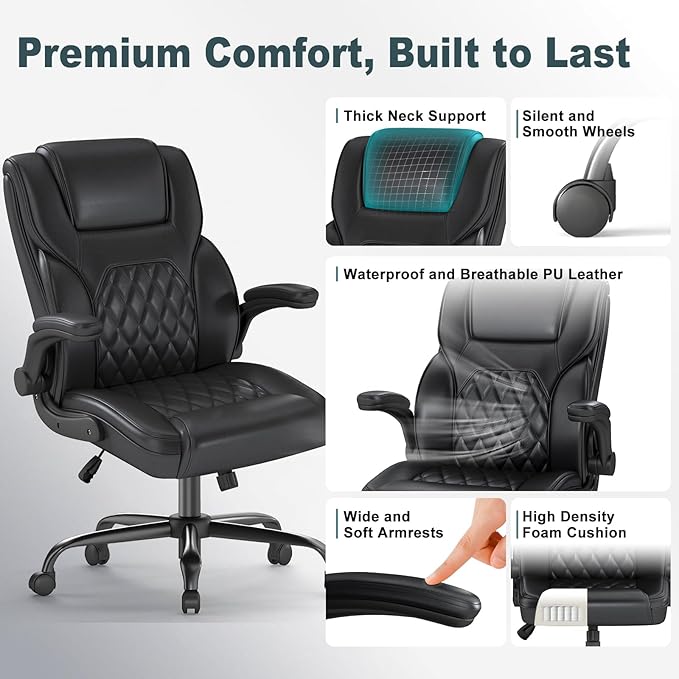 AnyGod Executive Office Chair Comfy Ergonomic Computer Desk Chairs with Flip-up Armrests Lumbar Support High Back 360° Swivel and Rocking Function for Home Office