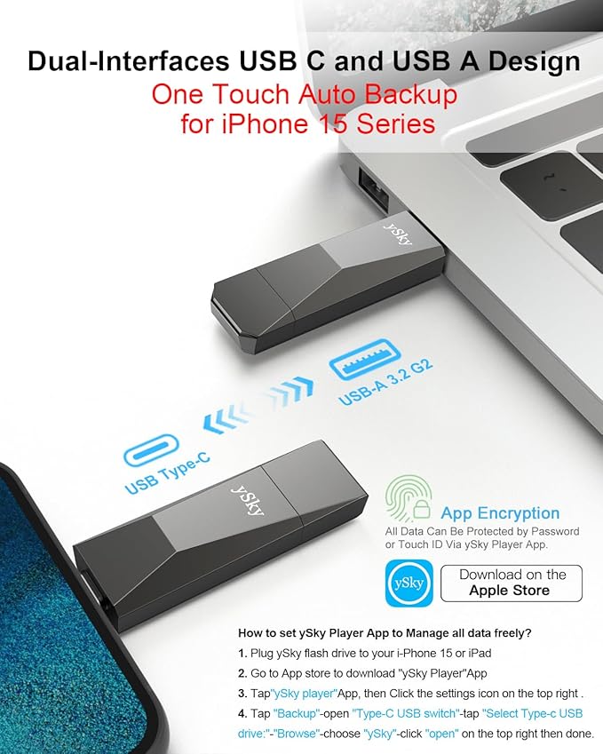 ySky 256GB USB 3.2 Solid State Flash Drive 1000MB/s High Speed USB C+ USB 3.2 Gen2 Dual Interfaces Thumb Drive USB C Memory Photo Stick for iPhone15/15 Plus/15 Pro/15 Pro Max/USB-C PhoneLaptopMac